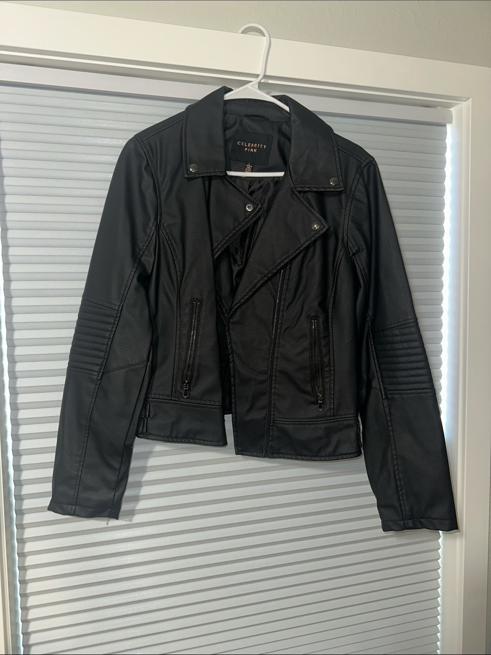 Celebrity Pink Black Faux Leather Moto Jacket with Quilted Sleeve Detail
